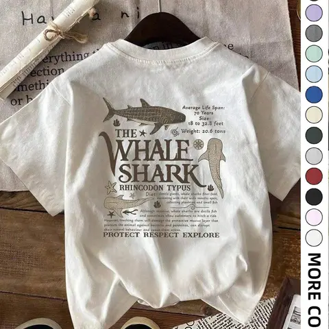 Women's Whale Shark Print Round Neck Tee, Casual Short Sleeve Crew Neck T-shirt for Summer, Fashion Women's Top for Daily Wear
