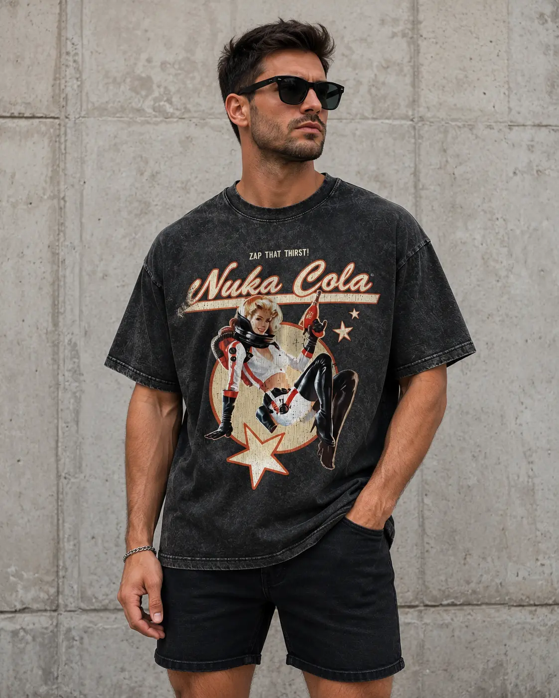 Men's Nuka Cola Graphic Short-Sleeve T-Shirt - Aesthetic Casual Vintage Washed Oversized Cotton Tee, Retro Sci-Fi Space Girl Long Fluffy Streetwear Top
