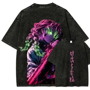 Menswear Mitsuri Kanroji Round Neck Unisex Anime-Inspired Vintage Washed Casual Distressed Festive T-Shirt