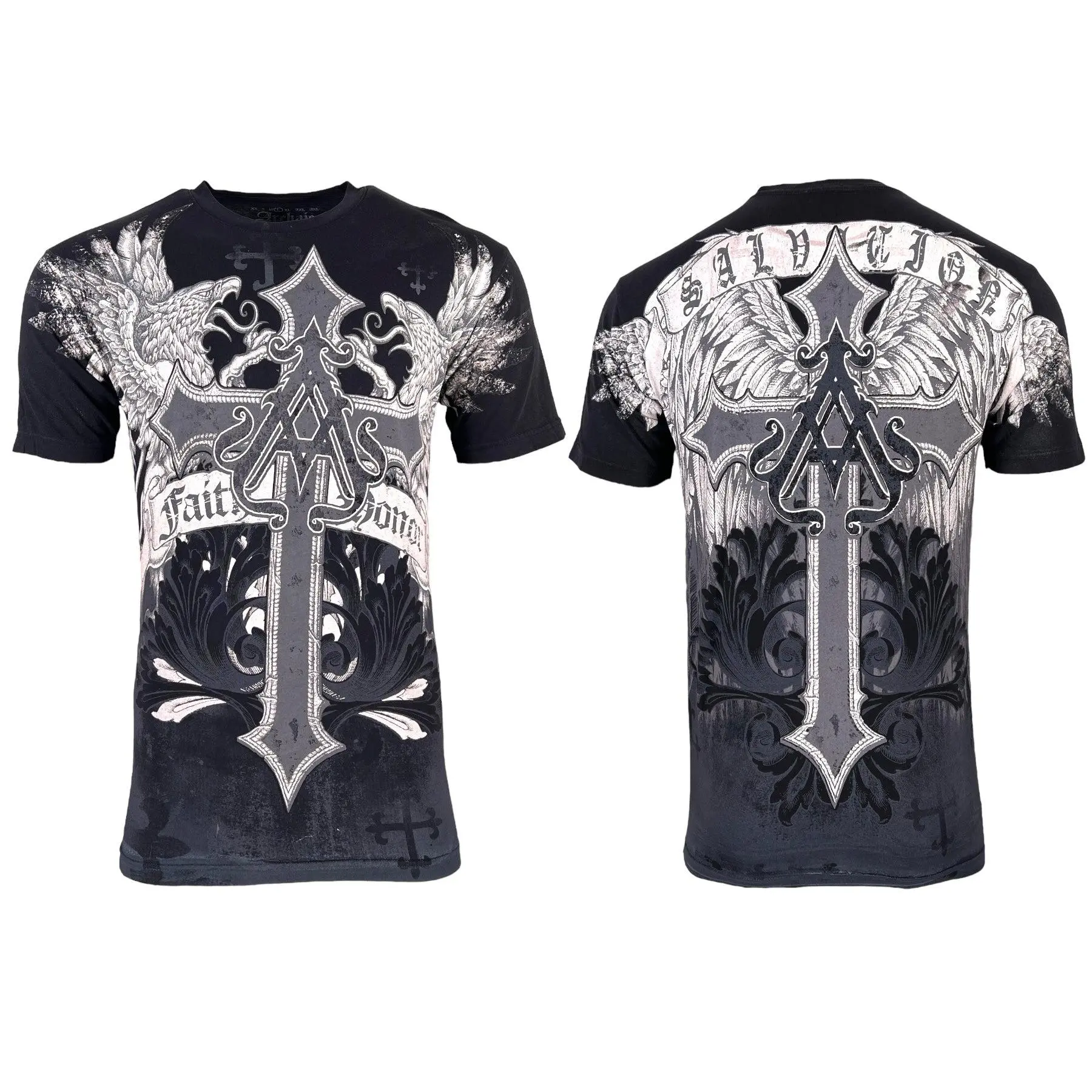 Archaic by Affliction Men's Grunge Aesthetic 90s Grunge Winged Creature Graphic T-Shirt - 100% Cotton Menswear Casual Short-Sleeve Round Neck Top, Tshirt, Fitted Cut, Tops, Front Back Art, Printed Wings