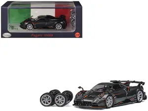Pagani Imola Dark Gray Metallic with Carbon and Orange Accents with Extra Wheels 1/64 Diecast Model Car by CM Models