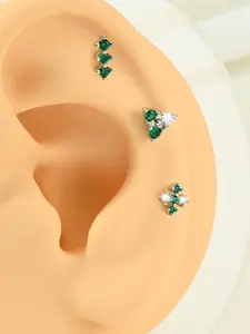 Green Cubic Zirconia Flat Back Cartilage Earrings Stud Hypoallergenic Stainless Steel, 16 Gauge 6mm for Cartilage, Helix, Tragus, Conch, Dainty Ear Piercing Jewelry