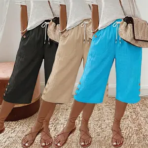 Women’s fashion wide-leg capris—breathable, comfortable casual pants for summer with an elastic waistband and drawstring design, suitable for everyday outdoor activities.