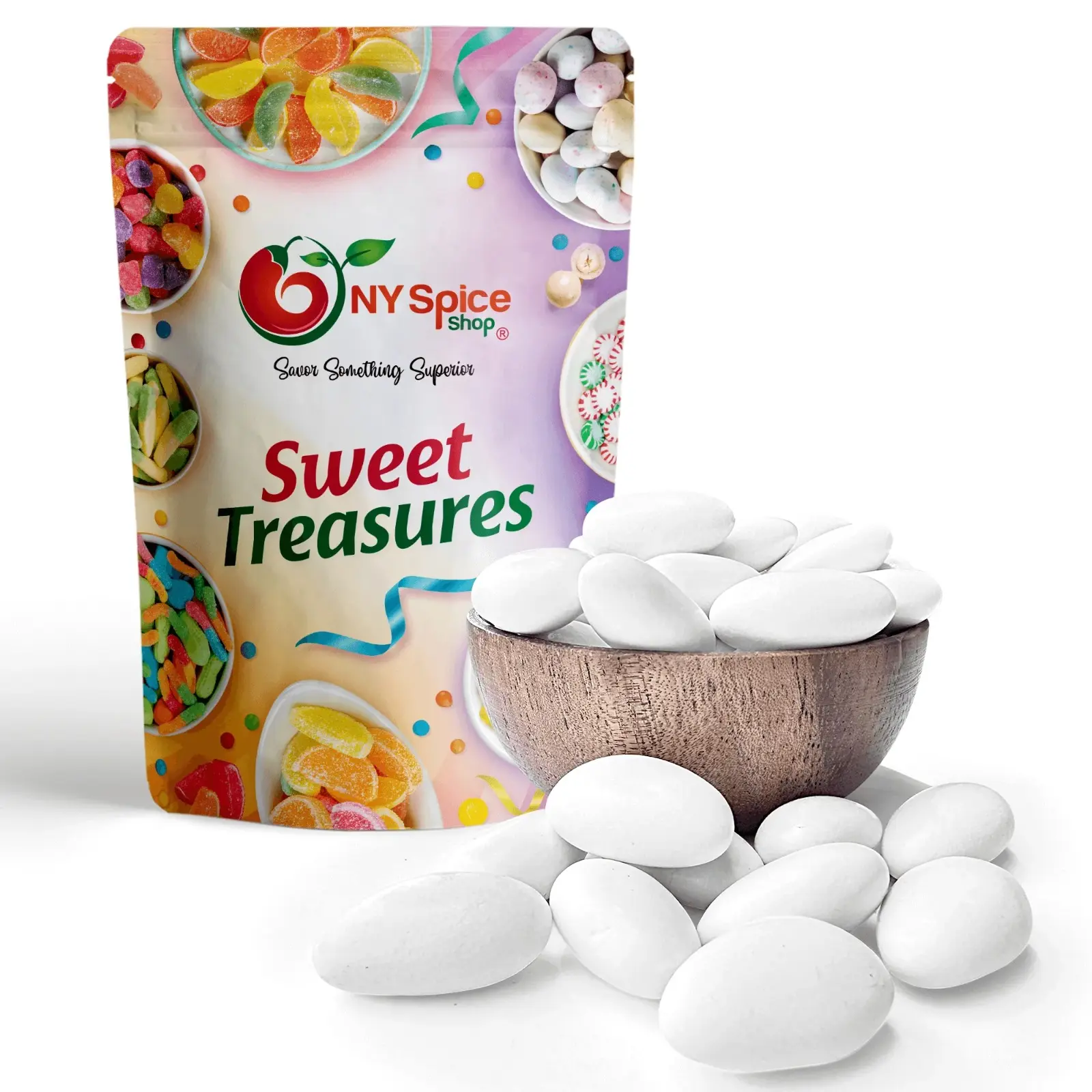 NY Spice Shop Traditional Jordan Almonds - White Almond Wedding Favors, Bulk Sugar-Coated Toffee Almonds