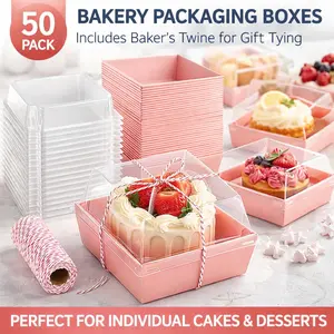 50 Pack Pink Paper Charcuterie Boxes – 4 Inch Square Disposable Containers with Clear Lids for Desserts, Cake, Cookies, Strawberries – To Go Food Boxes