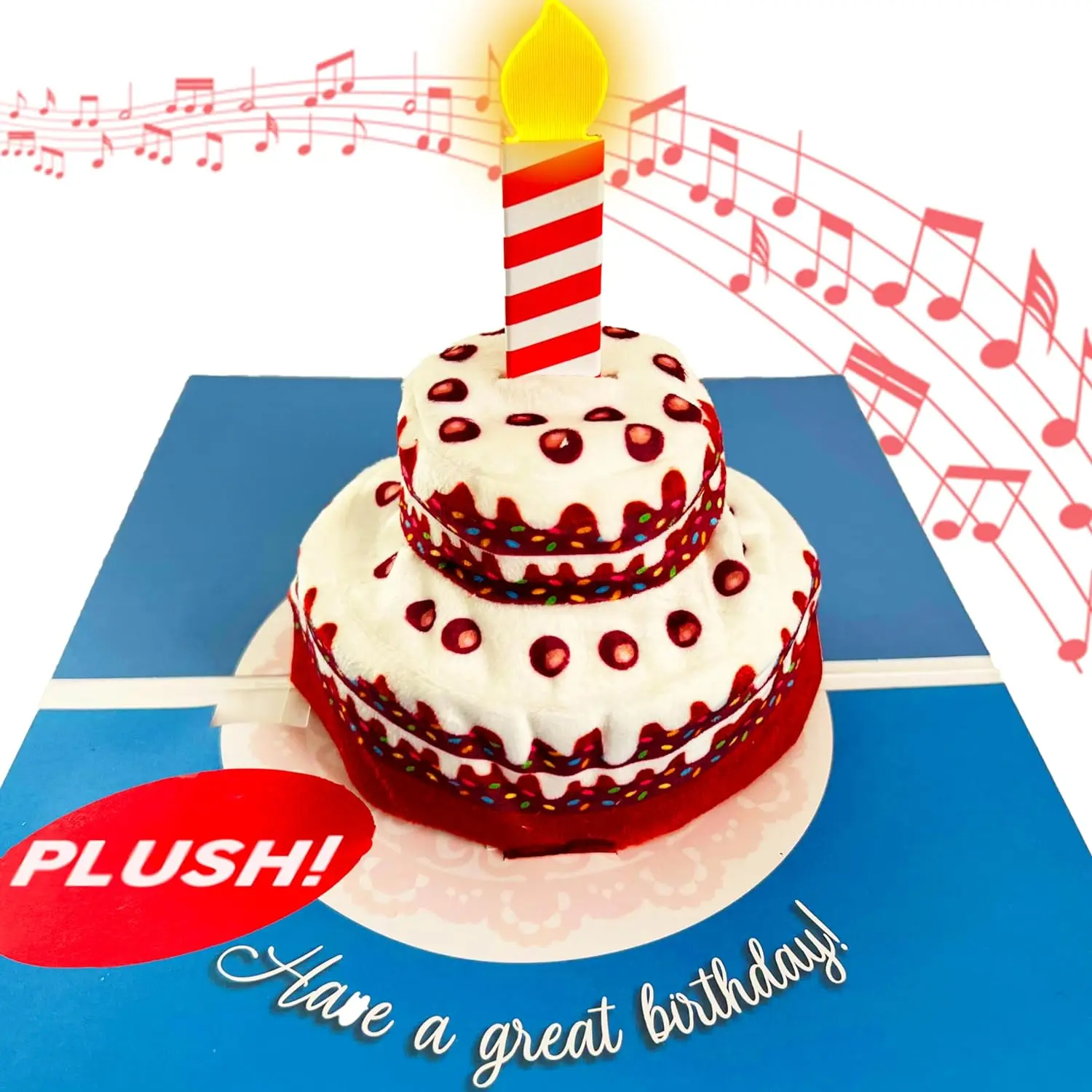 100 GREETINGS 3D Plush Cake Pop Up Birthday Card for Women w/LED & Music -Plays Rock Song 'BIRTHDAY'- Birthday Card for Women, Men & Kids, Happy Birthday Card, Musical Birthday Card