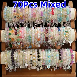 70Pcs Colorful Glass Elastic Bracelets Set with Charm - Ideal for Daily Wear Holiday Parties, Unique Present for Friends And Family