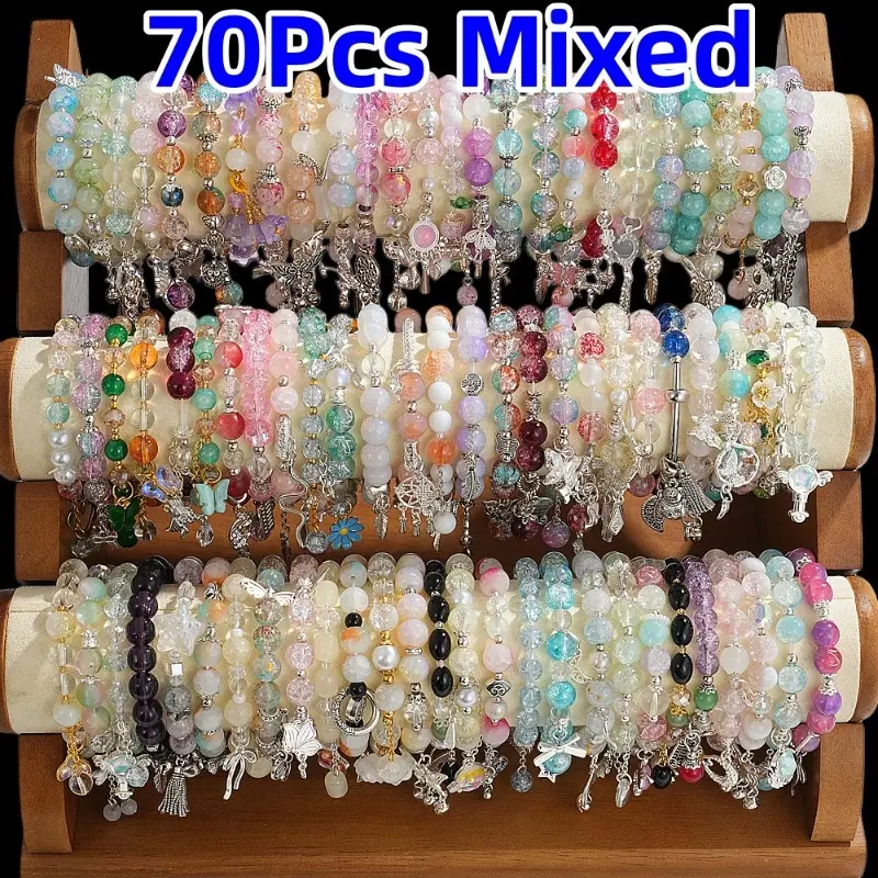 Women's 70-Piece Stacking Stretch Bracelet Pack - Rainbow Elastic Glass Bead Bands with Charms, Mix Beaded Bracelets for Parties, Daily Wear, Stretch Bracelets, Beaded Bracelet Pack