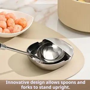 Stainless Steel Multi-Use Kitchen Holder｜End Countertop Mess 3-in-1 Spoon Rest, Drainer & Snack Tray. Arc Design Prevents Spills, Deep & Space-Saving