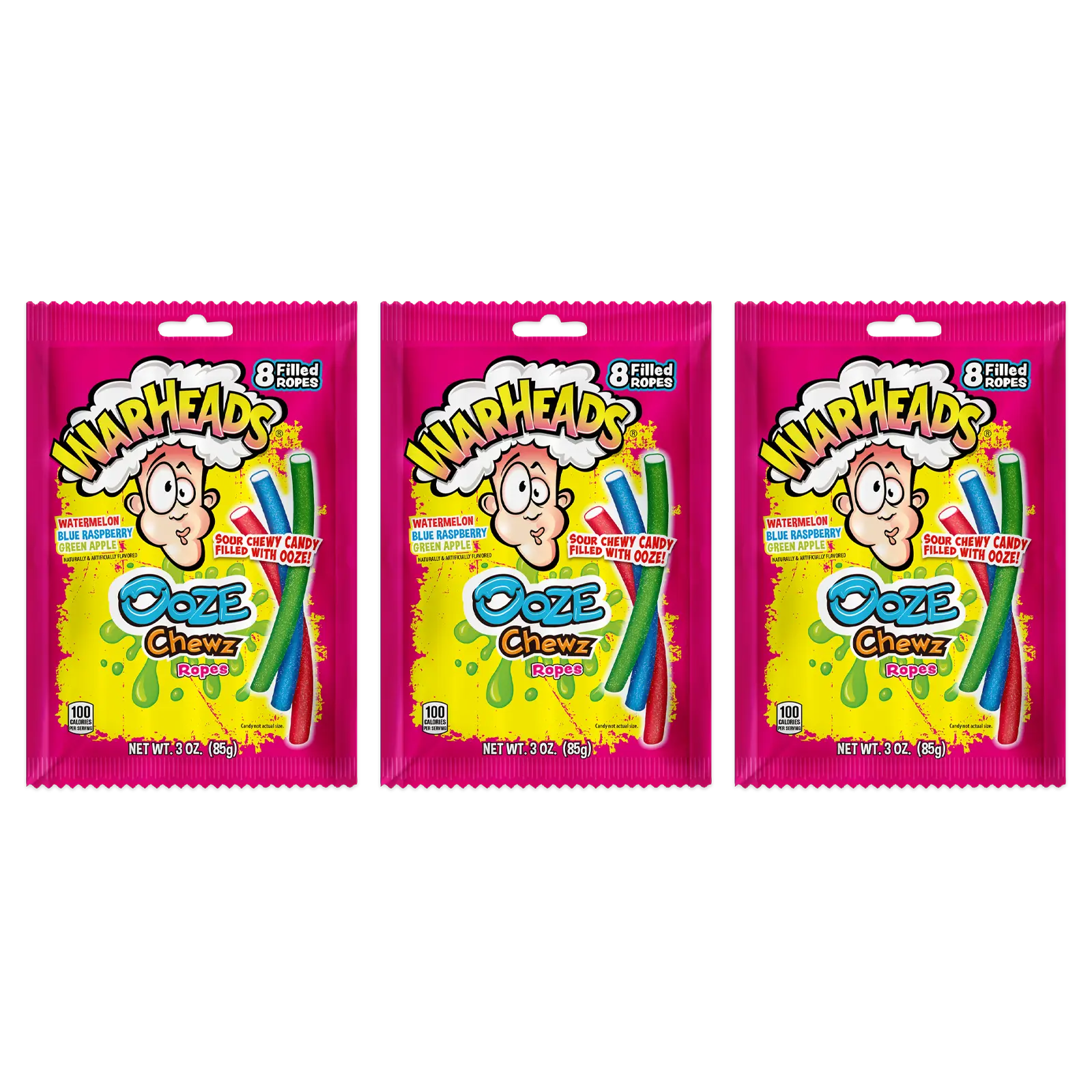 Warheads Ooze Chewz Ropes - 3 oz Bags - 3 Pack - Watermelon, Blue Raspberry & Green Apple Flavors - Double Sour Delight - Tangy Licorice Ropes with Sour Filling - Sweet & Sour Snack Bonbon Candy Candies Chewy