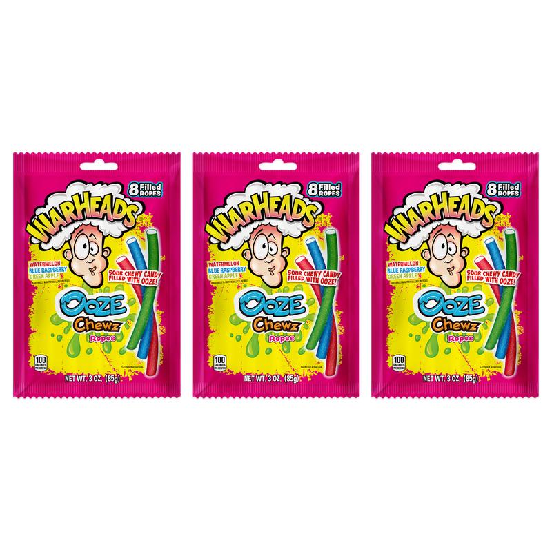 Warheads Ooze Chewz Ropes - 3 oz Bags - 3 Pack - Watermelon, Blue Raspberry & Green Apple Flavors - Double Sour Delight - Tangy Licorice Ropes with Sour Filling - Sweet & Sour Snack Bonbon Candy Candies Chewy