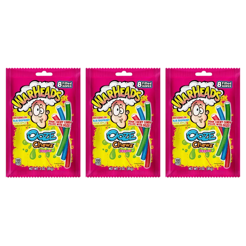 Warheads Ooze Chewz Ropes - 3 oz Bags - 3 Pack - Watermelon, Blue Raspberry & Green Apple Flavors - Double Sour Delight - Tangy Licorice Ropes with Sour Filling - Sweet & Sour Snack Bonbon Candy Candies Chewy