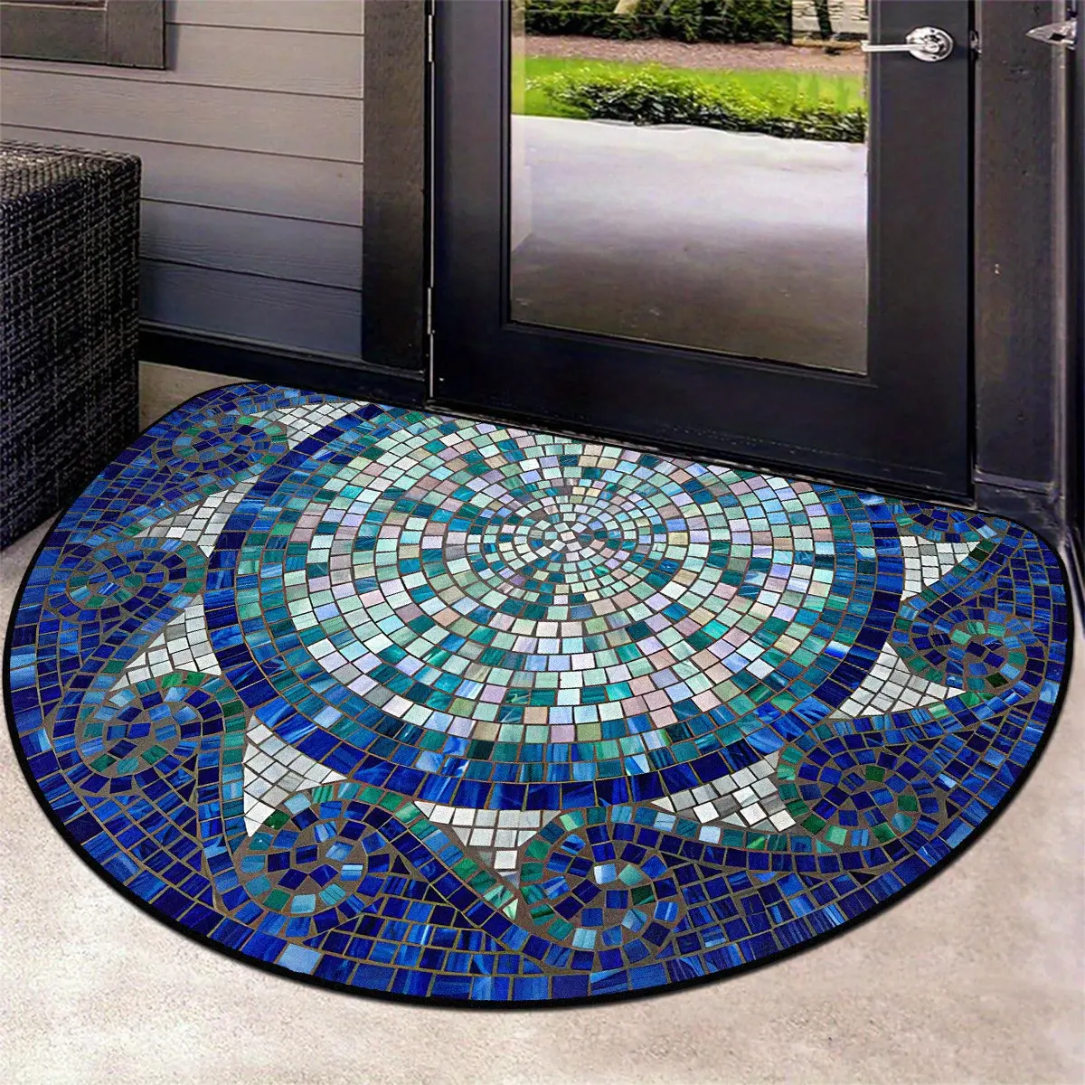 Half Round Boho Bohemian Retro Wave Design Welcome Rug, Unique Mosaic Tile Patchwork Mat, No Fuzz Easy Care Fabric, Versatile Ideal for Entryway Garden Porch Living Room Bedroom