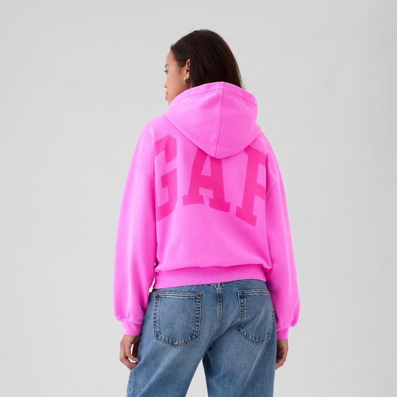 GAP VintageSoft Crop Logo Hoodie - Soft Cotton-Blend Fleece, Oversized Fit, Neon Pink, Long Sleeves, Banded Cuffs, Machine Washable