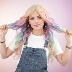 Long Body Wavy Curly Colorful Wigs 26 Inch Rainbow Ombre Synthetic Glueless Hair Replacement Wig for Women Girls Daily Party Costume Use