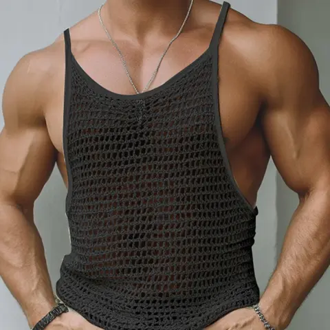 INCERUN Men's Fashion Casual Sporty Muscle Singlet Tank Top Plain Color Hollow Out Design Round Neck Sleeveless Vest, Fabric, Comfortable and Stylish, Perfect for Daily Wear, Muscle Tanks