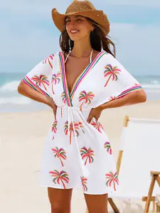 Popvil Women’s Tropical Palm Print Beach Cover Up Dress – V-Neck Kimono Sleeve Swim Coverup with Drawstring Waist & Tassel Tie, Lightweight Resort Vacation Wear