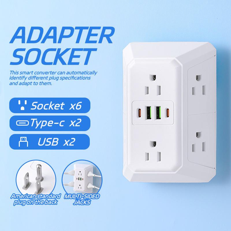 Multi-functional surge protected socket - 5-6 hole socket extender with 4 USB ports (2 USB-C high-speed ports), three-sided power strip, adapter included, and well-spaced sockets - ETL certified multi-socket.