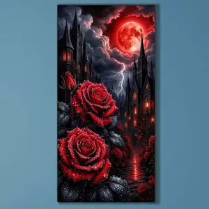 5D DIY full drill round diamond painting - diamond art painting kit red rose, castle, red moon mosaic, canvas - DIY decorative painting, home wall decor, perfect for Halloween and Christmas, Independence Day, birthday and anniversary gifts.