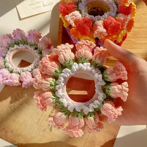New Handmade Crocheted Lily of the Valley Yarn Scrunchie - Crocheted Blooms, Plush Wool, Gentle Touch, High-Elastic Ponytail Hair Tie Bun Rope