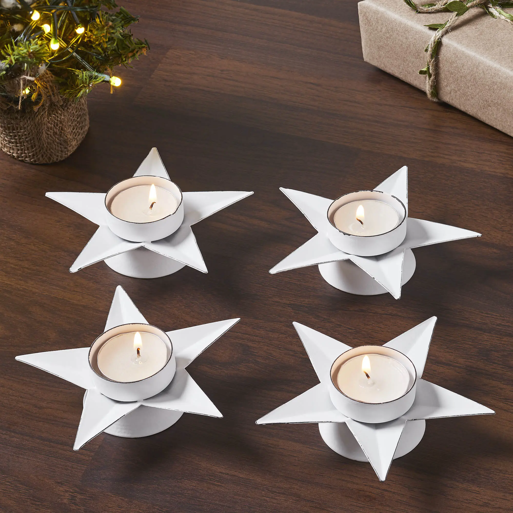 Antique White Metal Star Tealight Holder Set of 4, Home Decor for Living Room, Kitchen