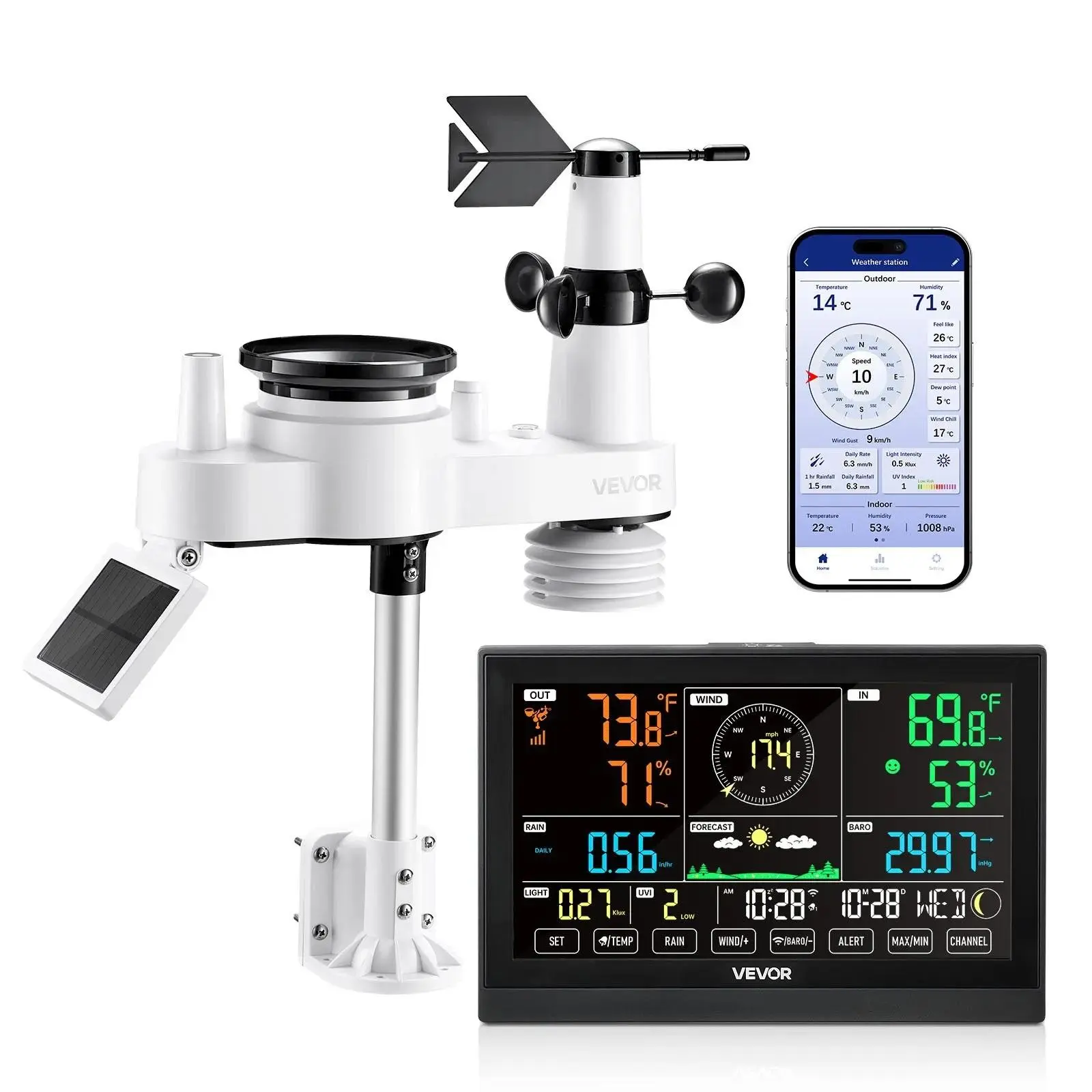 VEVOR 7-in-1 Wi-Fi Weather Station with APP, 7.5" Display, Solar Powered Wireless Outdoor Sensor, Rain Gauge, Charging Box, Water Resistant Built-to-Last Indoor-Outdoor Monitor for Weather Forecast, Wind Speed, Temperature, Humidity, Rainfall