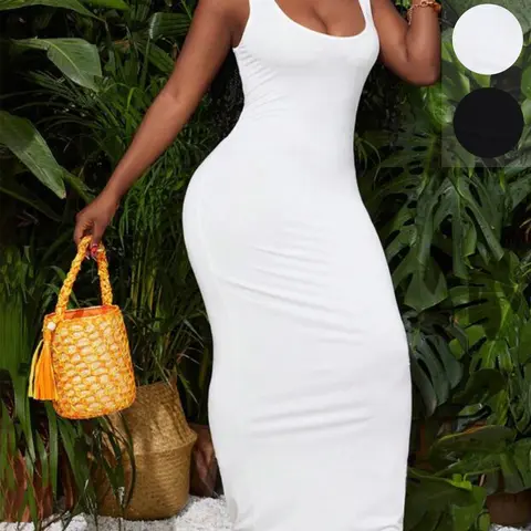 Plus-Size Black Sleeveless Bodycon Maxi Dress, Sexy, Casual Fitted Dress, Beach Holiday Dresses, Vacation Style, Stretchy Slim-Fit Fabric & U-Neck Detail, For Curvy Women, Perfect for Beach Getaways, Date Night, Casual Chic Sleeveless