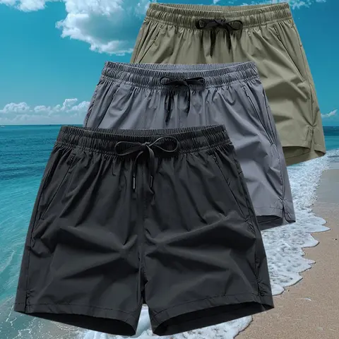 Men's Solid Plain Drawstring Elastic-Waist Baggy Shorts with Pockets, Regular-Fit Casual Sporty Woven Bottoms for Daily Wear in All Seasons Active Shorts