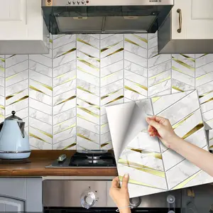 12/36pcs Gold Imitation Marble Herringbone Kitchen Wall Stickers, Self-Adhesive, Waterproof, Easy to Clean, Perfect for Kitchen & Bathroom Decor, Decorative