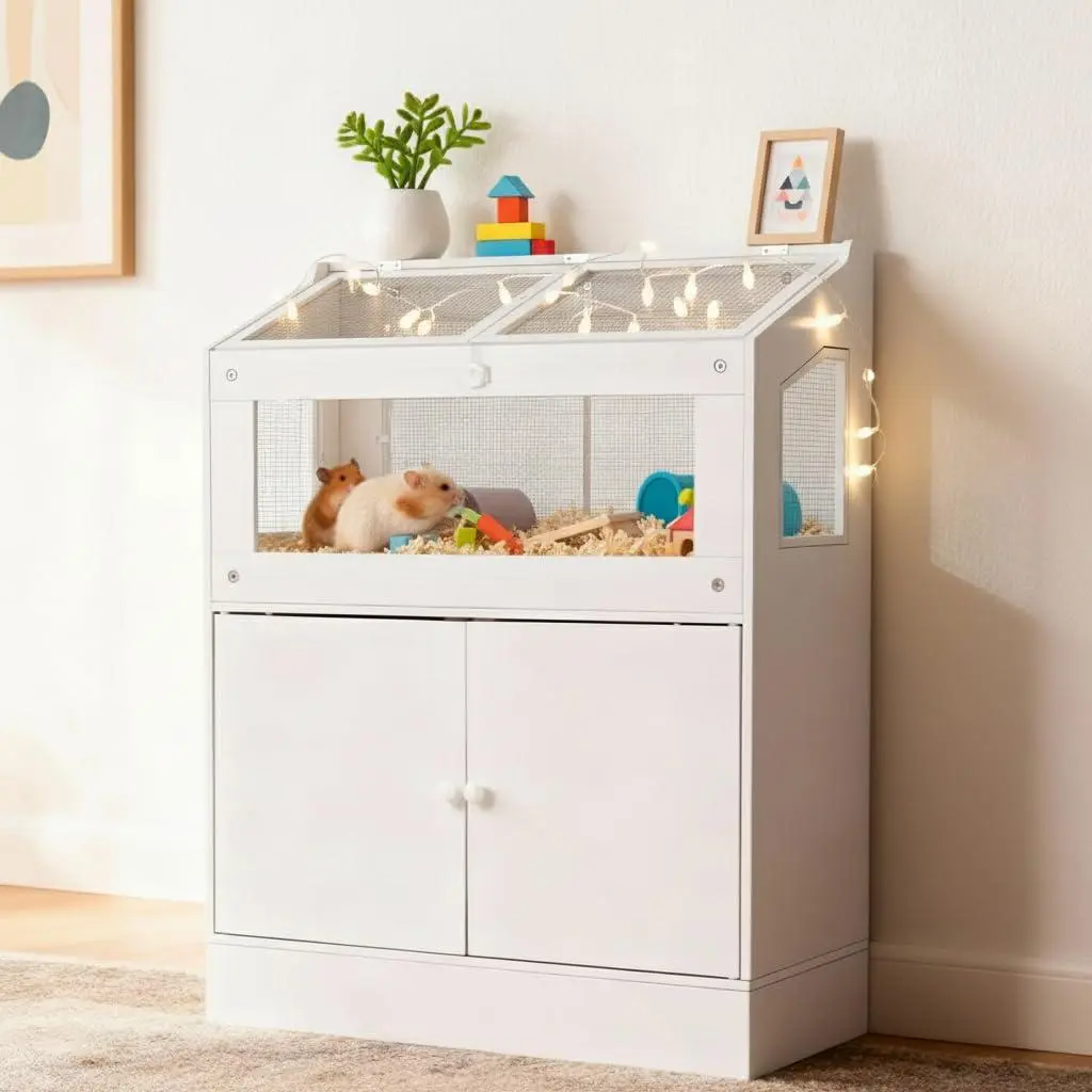 GARVEE Hamster Cage with Storage Cabinet, Clear Acrylic Small Animal Enclosure, Ventilated Habitat for Gerbils, Rats, Guinea Pigs, Transparent Pet Cage with Cabinet Base