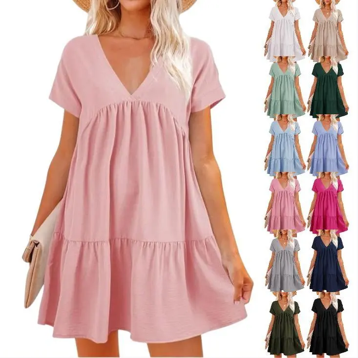 Imily Bela Women V Neck Loose Flowy Swing Shift Dress Summer Short Sleeve Casual Summer Mini Tunic Dress