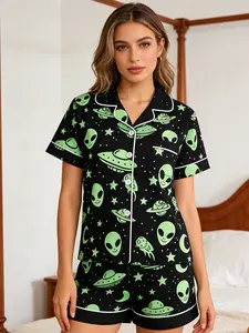 Women's Two-Piece Alien Ufo Print Sleepwear Set, Open Front Short Sleeve Top & Shorts, Casual Home Wear