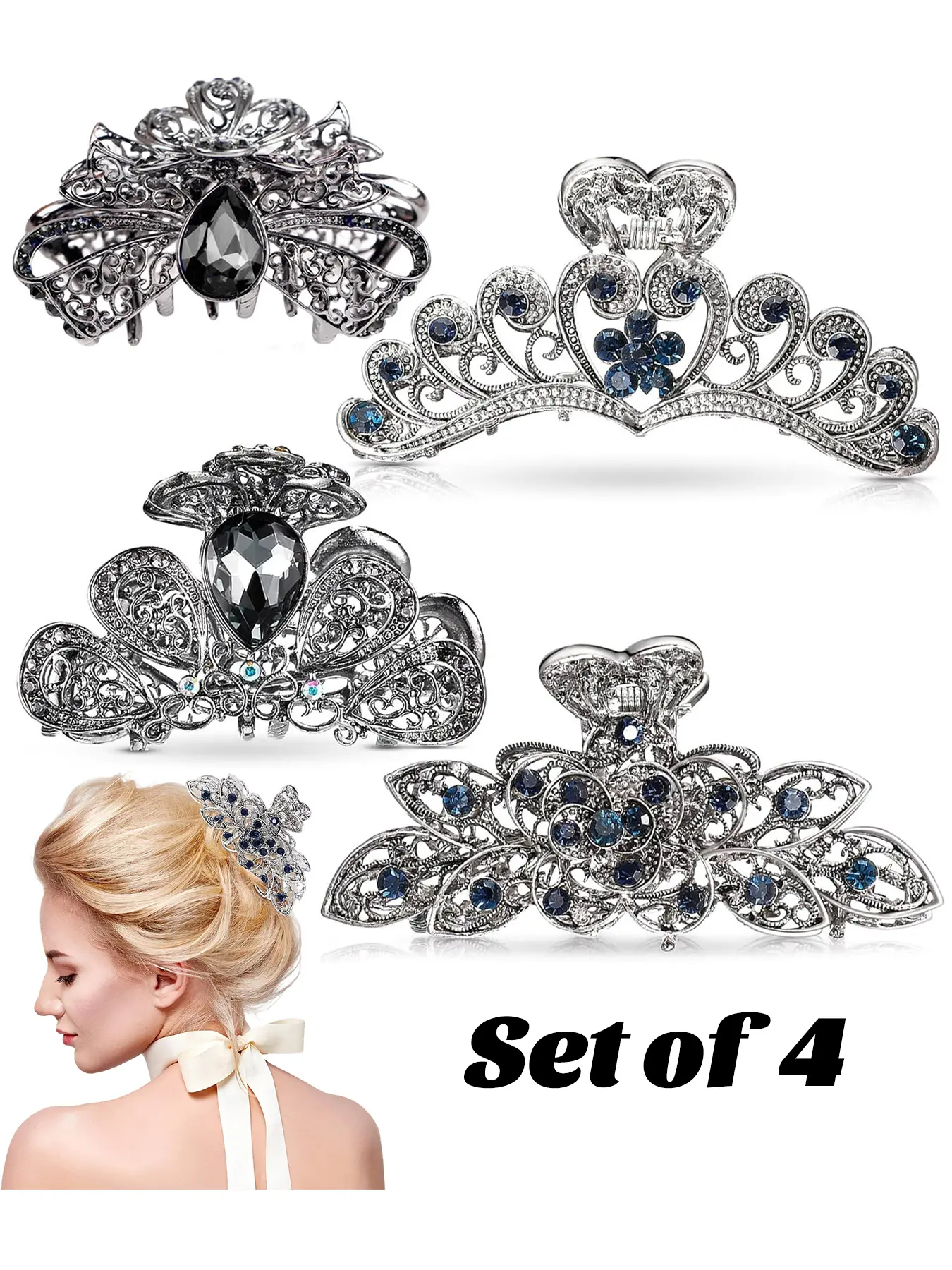 4 Pcs Vintage Crystal Rhinestones Hair Clips, Flower Metal Hair Claw with Glitter Rhinestones Nonslip Clamps, Strong Hold Metal Clips Hair Accessories for Women, Fashion hair accessories, for daily, wedding,parties, gift for friends or families