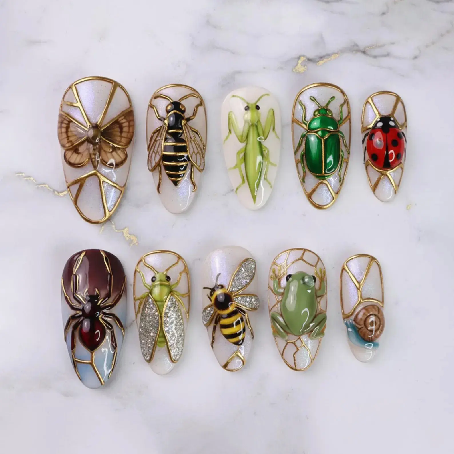 Handmade Entomology Press On Nails, 3D Jewel Beetle, Realistic Insect nails
