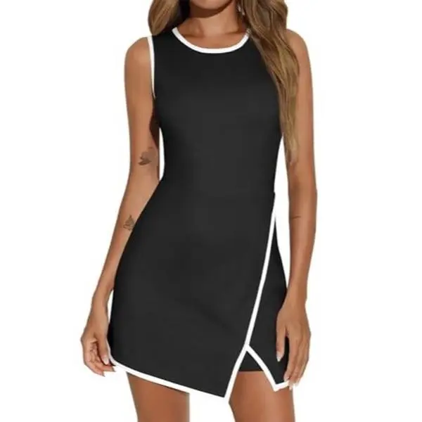 FISOEW Women's Pink Workout Tennis Dress with Built-in Bra & Shorts Pockets Sleeveless Crewneck Golf Athletic Mini Dresses Activewear Machine Washable Soft Breathable Fabric