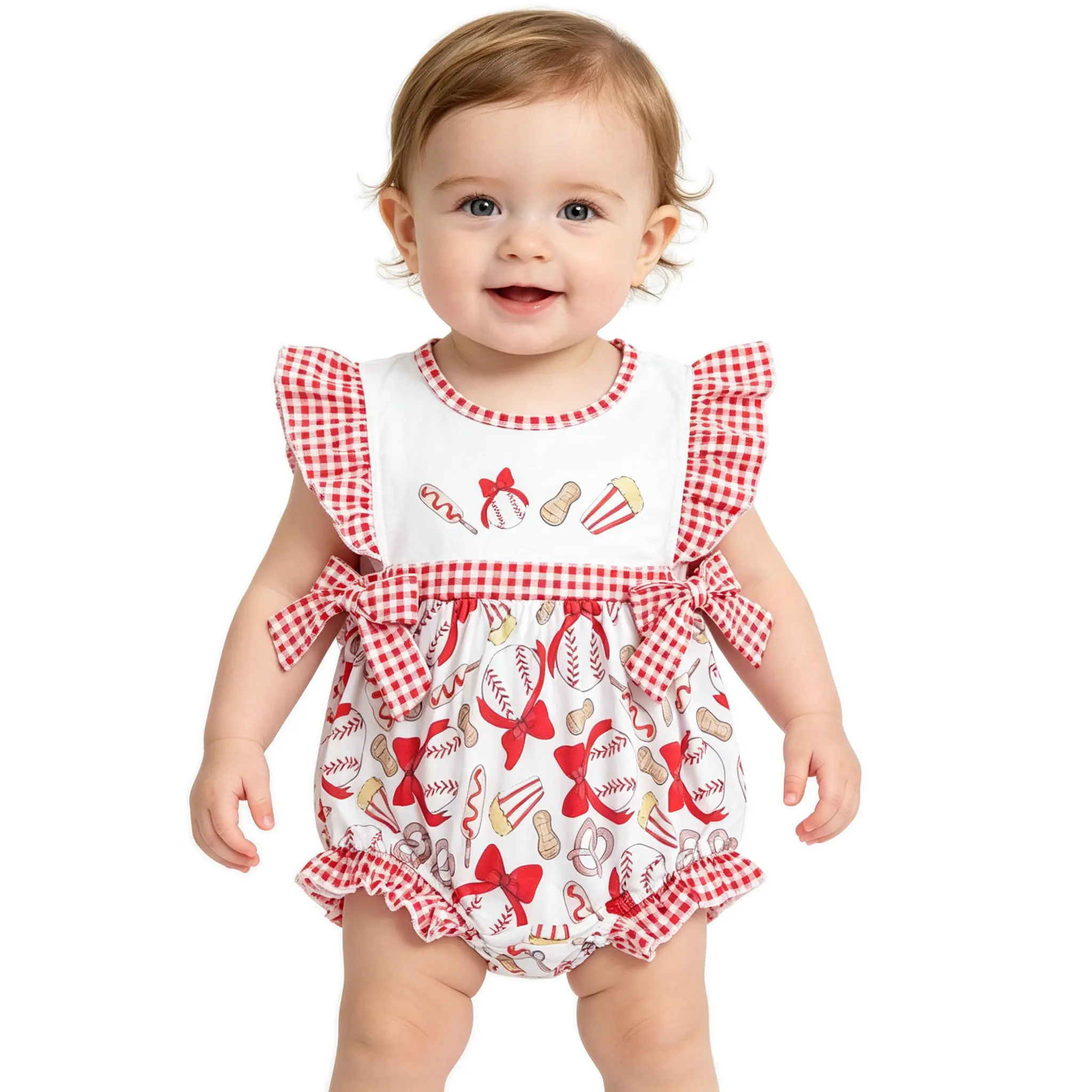 Baby Girl Bodysuit, Cute Baseball Popcorn Print with Pearl Ruffle Sleeves and Bow Detail, Cotton Blend, Sizes 0-2T, Baby Girl Clothes, One Piece Bodysuit