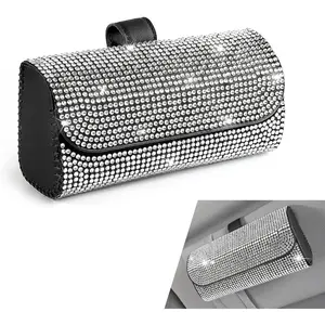 Bling Sunglasses Holder for  Sun Visor, Rhinestone Auto Eyeglasses Mount Clip Organizer, Leather Sunvisor Sunglasses Storage Case, Universal Glasses Holder Clips for SUV, Sedan, Van (White)