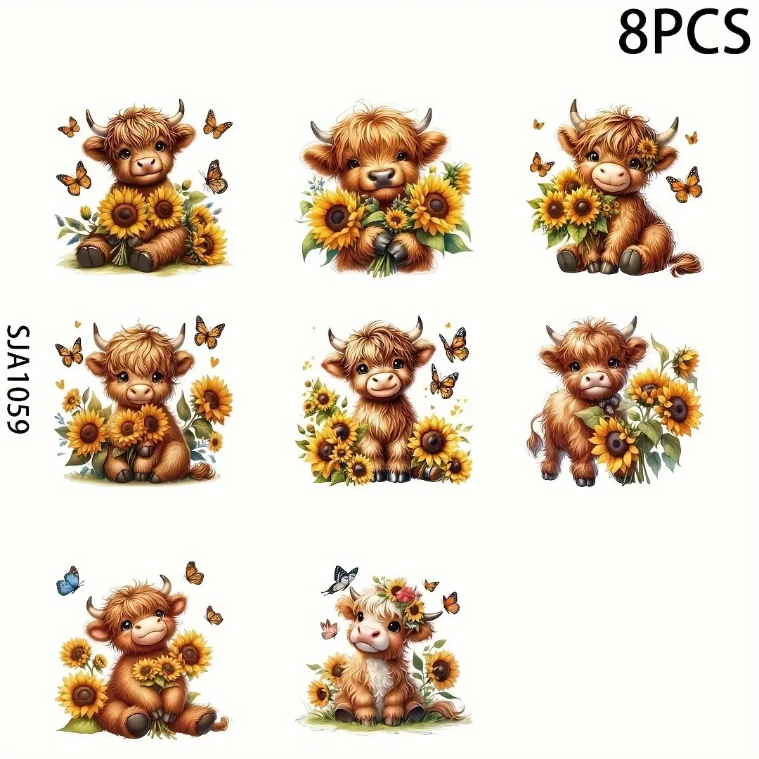 Highland Cow with Sunflowers Vinyl Stickers, Decorative Stickers - 8pcs Cartoon Pattern Waterproof Self-Adhesive Decals, Suitable for Water Bottles, Glass Cups - DTF Vinyl Labels, Scratch-Resistant, Glossy Finish, Fantasy Theme, Decoration Sticker