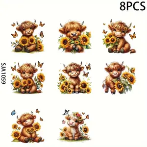 Highland Cow with Sunflowers Vinyl Stickers - 8pcs Cartoon Pattern UV Transfer Waterproof Self-Adhesive Decals, Suitable for Water Bottles, Glass Cups - DTF Vinyl Crystal Labels, Scratch-Resistant, Glossy Finish, Fantasy Theme, Glitter Decor, One