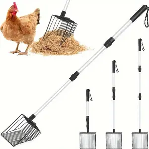 3-In-1 Chicken Manure Scoop, Adjustable Long Handle, Durable Metal Scoop, Easy to Screen, Ideal for Pine Pellets & Coop Cleaning