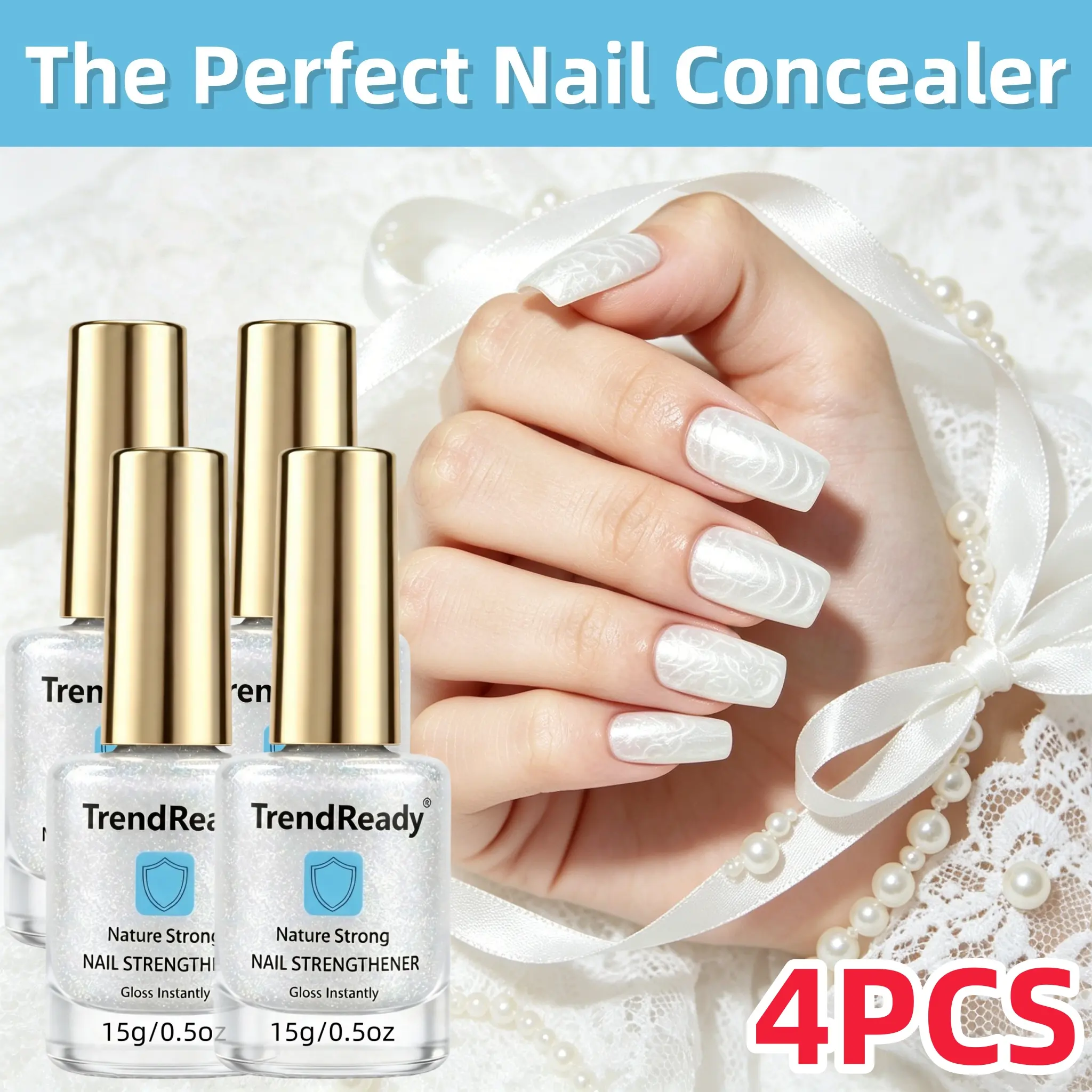 4/2PCS Natural Nail Strengthener with Pearly Silver Gloss, Liquid Treatment to Reduce Breakage and Provide Daily Care for Adults, Nail Care, Weak Nails Care