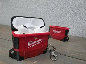 Milwaukee Inspired Packout Air Pods Pro and Gen 4 Case - 3D Printed Tool Crate Style Figurine with Snap-Fit Lid & Keychain Loop for Air Pods Pro Audio Headphone