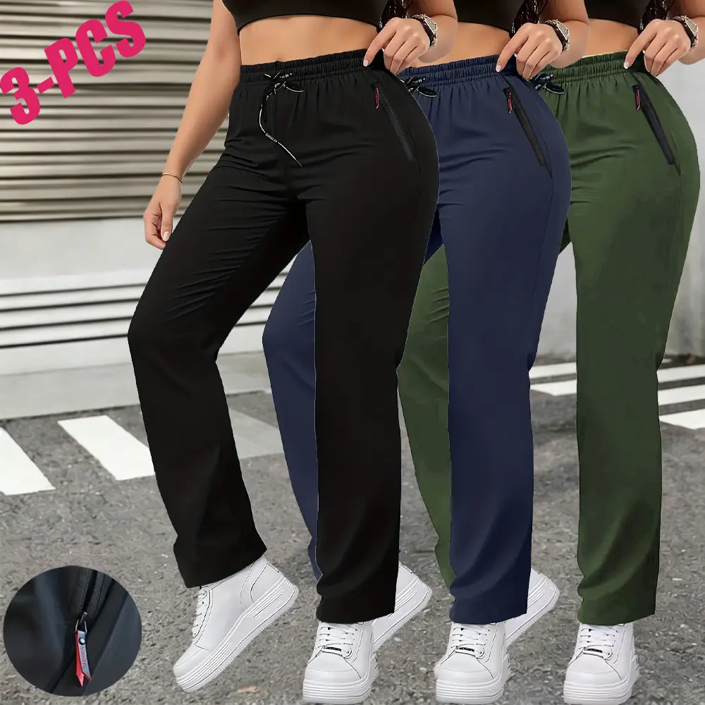 Women’s 3-Pack Summer High-Waist Straight-Leg Casual Jogger Pants with Zipper Pockets Fitted Minimalist Bottom Womenswear