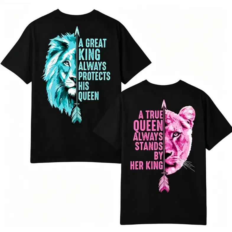 Couple's 2-Piece Short-Sleeve Soft Cotton T-Shirt Set - Her King His Queen Cute Vibe Graphic, Breathable Everyday Round Neck Tops for Valentine's Day Gift, Shortsleeve, Matching, Clothes, Fit, Style, Comfortable, Pure Cotton, Love, Graphic Print, Medium L