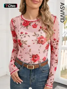 Women's Casual Floral Print Exposed Seam Detail Mesh Long Sleeve Top, Round Neck Detail, All-Seasons Fashion, Comfortable & Stylish