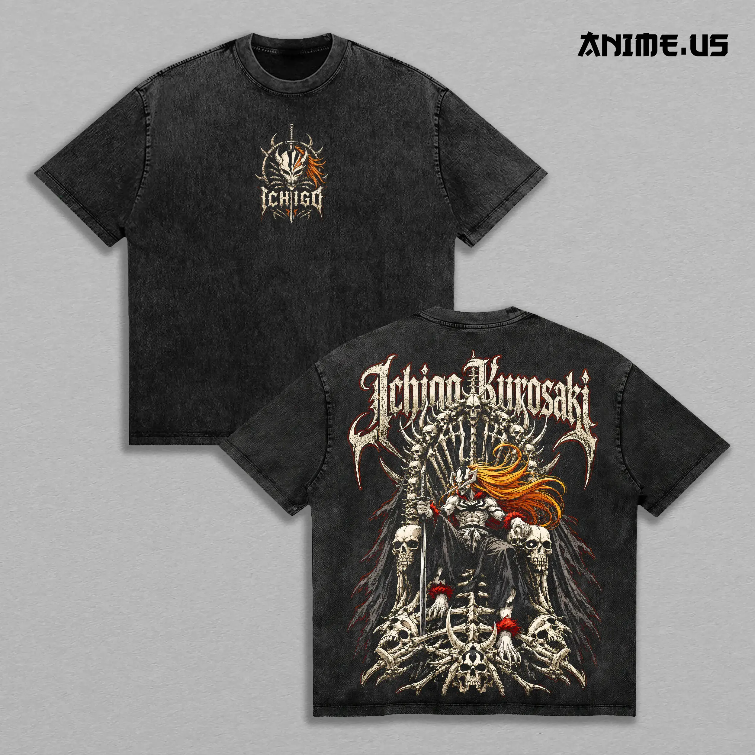 Ichigo Kurosaki Bleach Thousand-Year Blood War Vasto Lorde Hollow Form Anime Washed T-Shirt Vintage Graphic Tee Oversized Heavyweight Cotton Streetwear Manga Gift