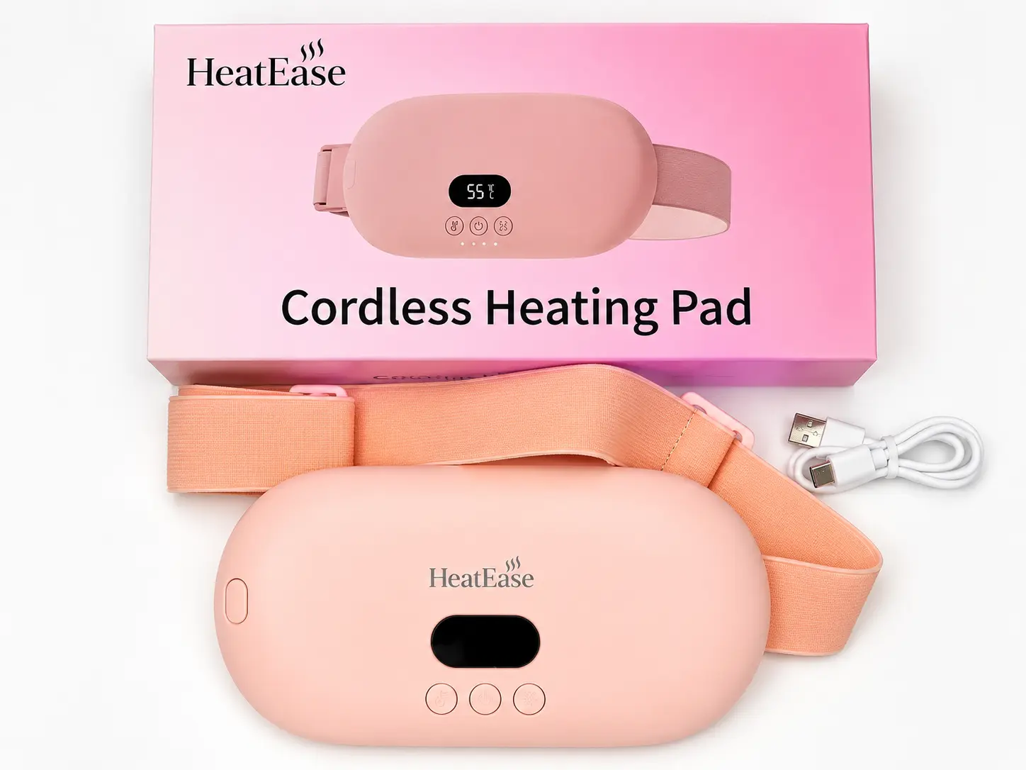 HeatEase Cordless Heating Pad for Cramps & Back Pain – Rechargeable Electric Heating Belt, 5 Heat Levels, Pink
