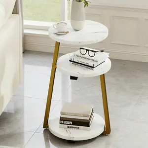 Small Round Side Table with 3-Tier Storage - White Gold End Table, Sturdy Metal Frame Nightstand, Compact Couch Table for Bedroom Living Room