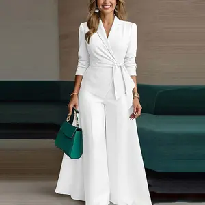Women's Casual Two-Piece Set - Round Neck Long Sleeve Top & High Waist Wide Leg Pants, Office Style for Daily Wear Outfit