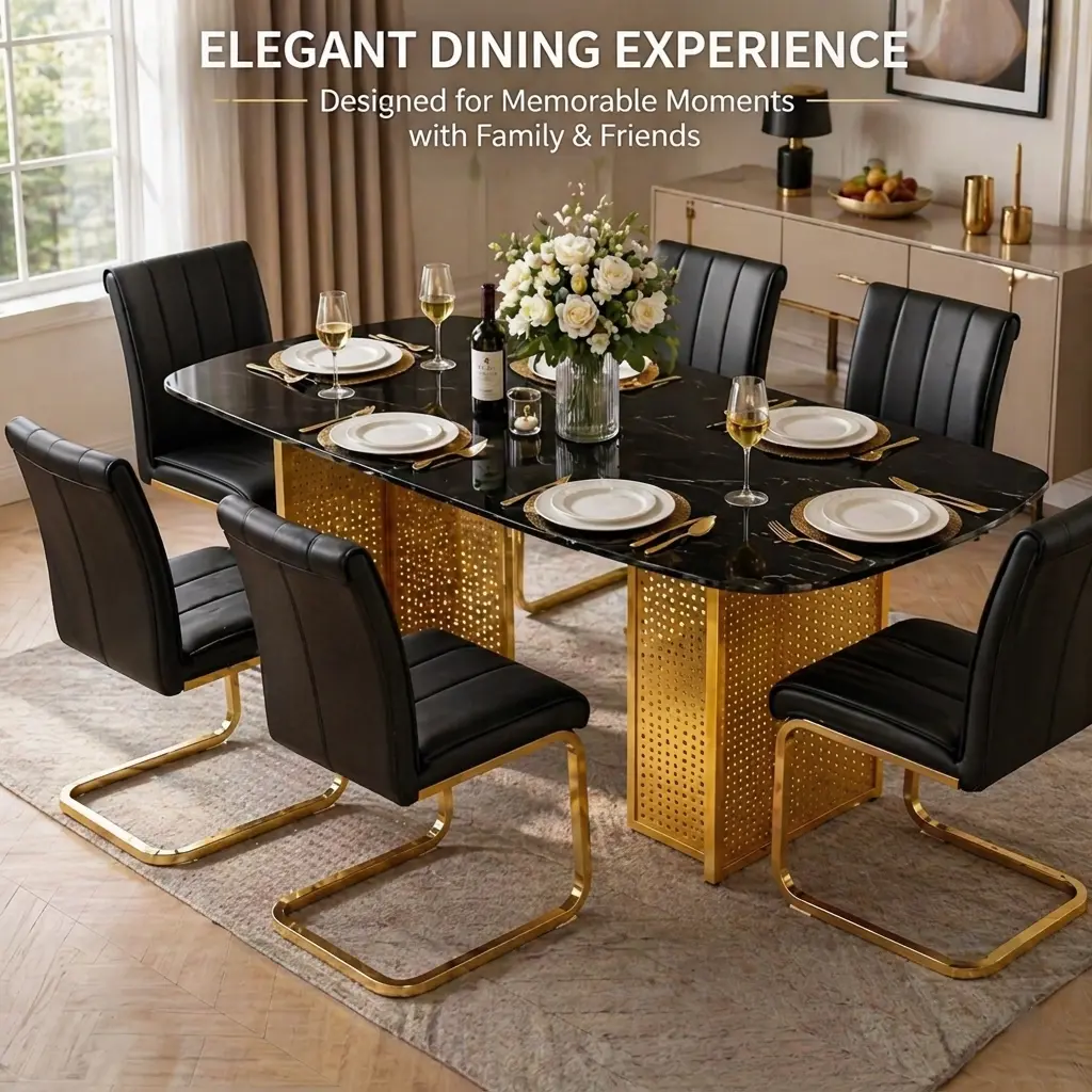 Modern Faux Marble Dining Table for 6 - 51" Tempered Glass Kitchen Table with Gold Pedestal Metal Legs, Small Space Luxury Dinner Table for Apartment & Office